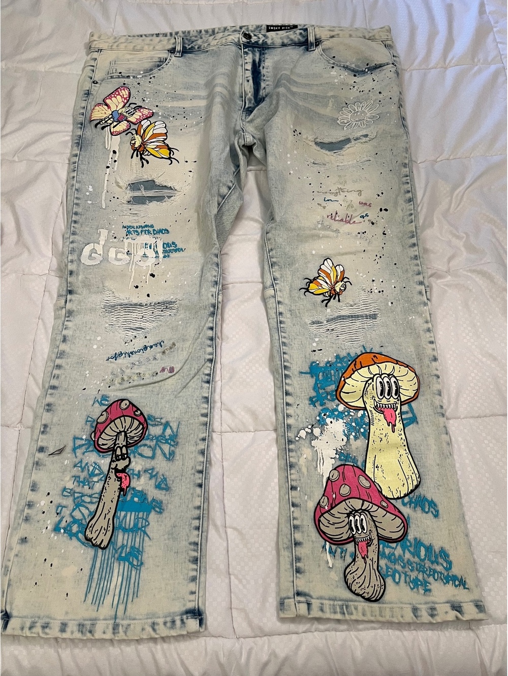 NEW Smoke Rise 48”W x 32”L acid washed mushrooms boho graffiti streetwear